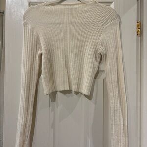 Zara Cream Ribbed Knit Cropped Sheer Sweater